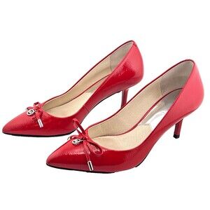 MICHAEL KORS Nancy Mid Pumps Heels 7M Patent Leather Fire-Engine Red Bow EUC